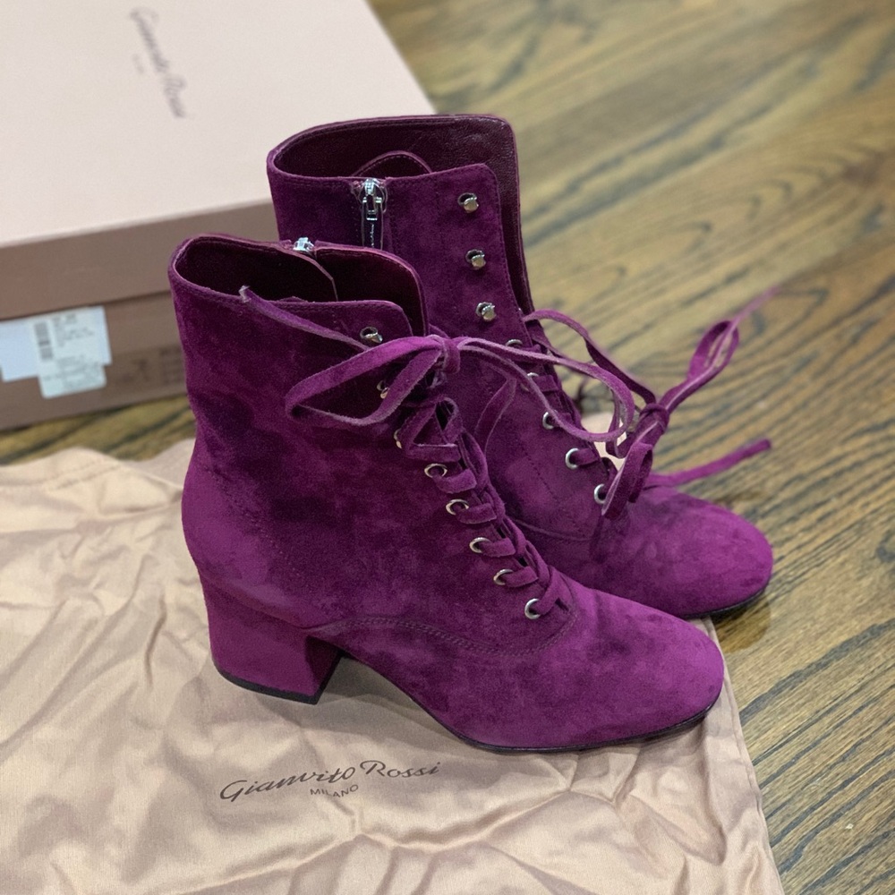 New Gianvito Rossi Suede Leather Lace Up Bootie Prune Purple Size 36